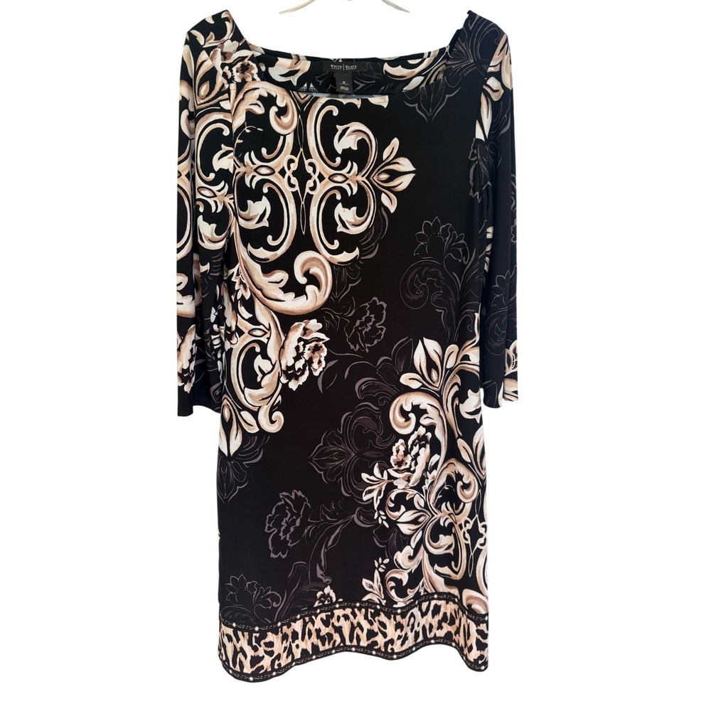 White‎ House Black Market Baroque Floral Leopard Trim Sheath Dress Black Tan M